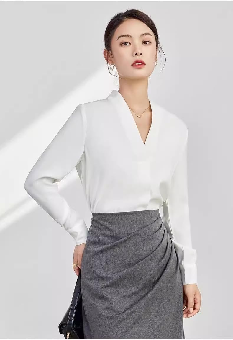 LIXINGHEITANG White Shirt Womens Spring and Autumn Commuting French Satin Temperament Long Sleeve Top