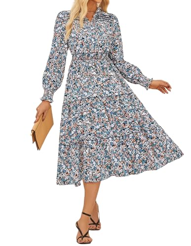 GRACE KARIN Damen Freizeitkleider Frühling Hohe Taille LaternenäRmel Blumenkleid XL Schwarz und Blau