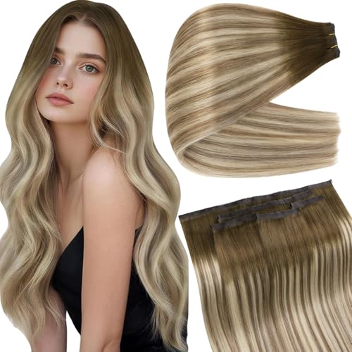 Image of Full Shine Butterfly Weft Hair Extensions 22 Inch 100G 5Pcs for Long Hair | Balayage Olive Brown to Ash Brown Mix Blonde, Breathable PU Holes Hairpieces, Straight Remy Hairpiece, Daily Wear Solution