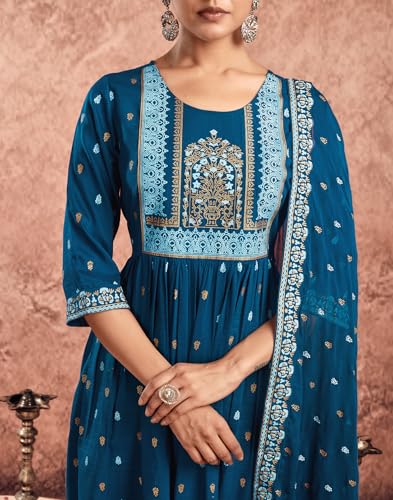 Image of SKYLEE Women's Printed & Gota Lace Cotton Silk Anarkali Kurta Set with Dupatta