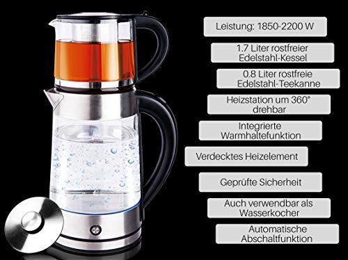 Glas Edelstahl Wasserkocher Wasserkessel Teekocher Teekessel Caymatik 1,7 Liter mit LED-Beleuchtung Warmhaltefunktion… – Bild 3