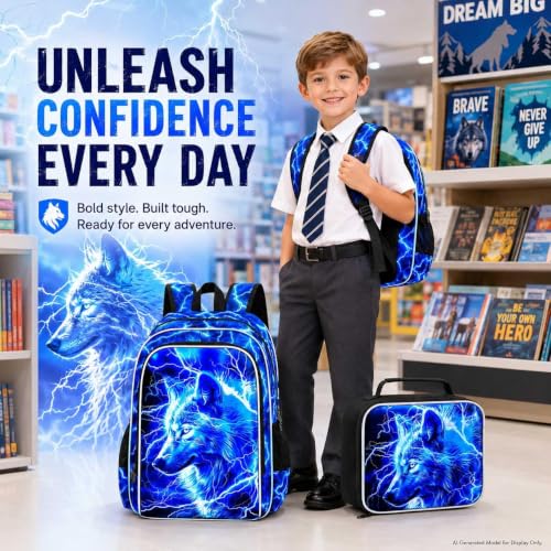 Image of 3Pcs Wolf Backpack for Boy, 17 inch Lightning Bookbag for Elementary Preschool Kindergarten, Kids School Backpacks with Lunch Box (Blue)