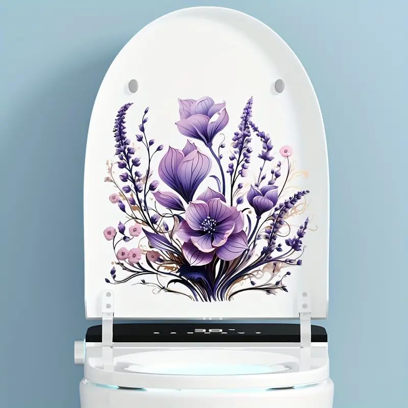 Merry Christmas Purple Floral Flower Basket Toilet Cover Sticker Decals, Tortoise Seaseed Fish Ocean Waterproof Toilet Lid Tank Seat Decals Cistern Self-Adhesive Bathroom Wall Sticker