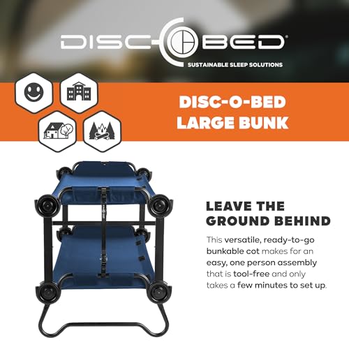 Image of Disc-O-Bed Large Outdoor Convertible 2 Person Bench and Double Camping Cot Portable Bed Bunk System for Adults, Navy