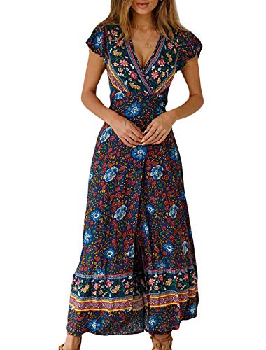 Vestido de praia casual feminino manga curta gola V vintage roupa de praia maxi vestido de verão