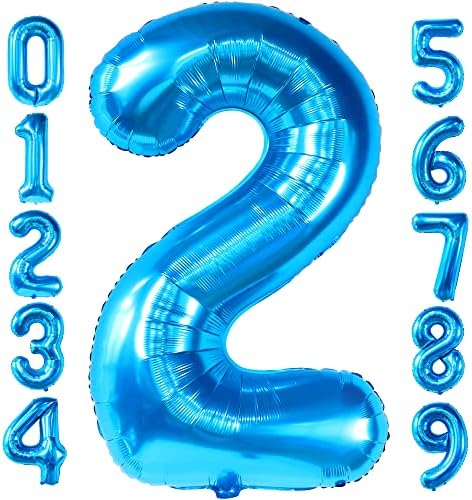 Miniatura 2 de KatchOn, Globo azul grande del número 2 con pancarta de globo de feliz cumpleaños, paquete de 2, decoraciones de tiburón para el segundo cumpleaños