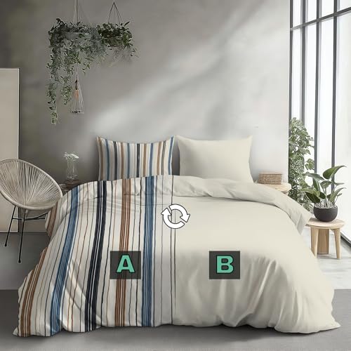 Housse de Couette 140x200cm Microfibre Réversible à Rayures Géométriques avec Fermeture Éclair
