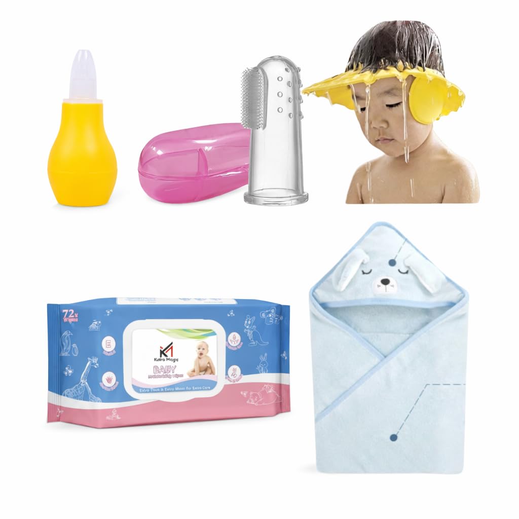 Baby Bathing Kit Combo | Newborn Bath & Hygiene Essentials Set with Hooded Towel, Bath Cap, Nasal Aspirator, Finger Toothbrush, Teether & Baby Wipes-image-35