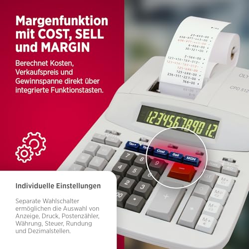 OLYMPIA CPD 512 Tischrechner mit mechanischem Druckwerk | Taschenrechner Große Tasten 12-stellig | Rechenmaschine mit Papierrolle 3,5 Zeilen/Sek. | Calculator LCD grün/rot | Rechenmaschine | Rechner