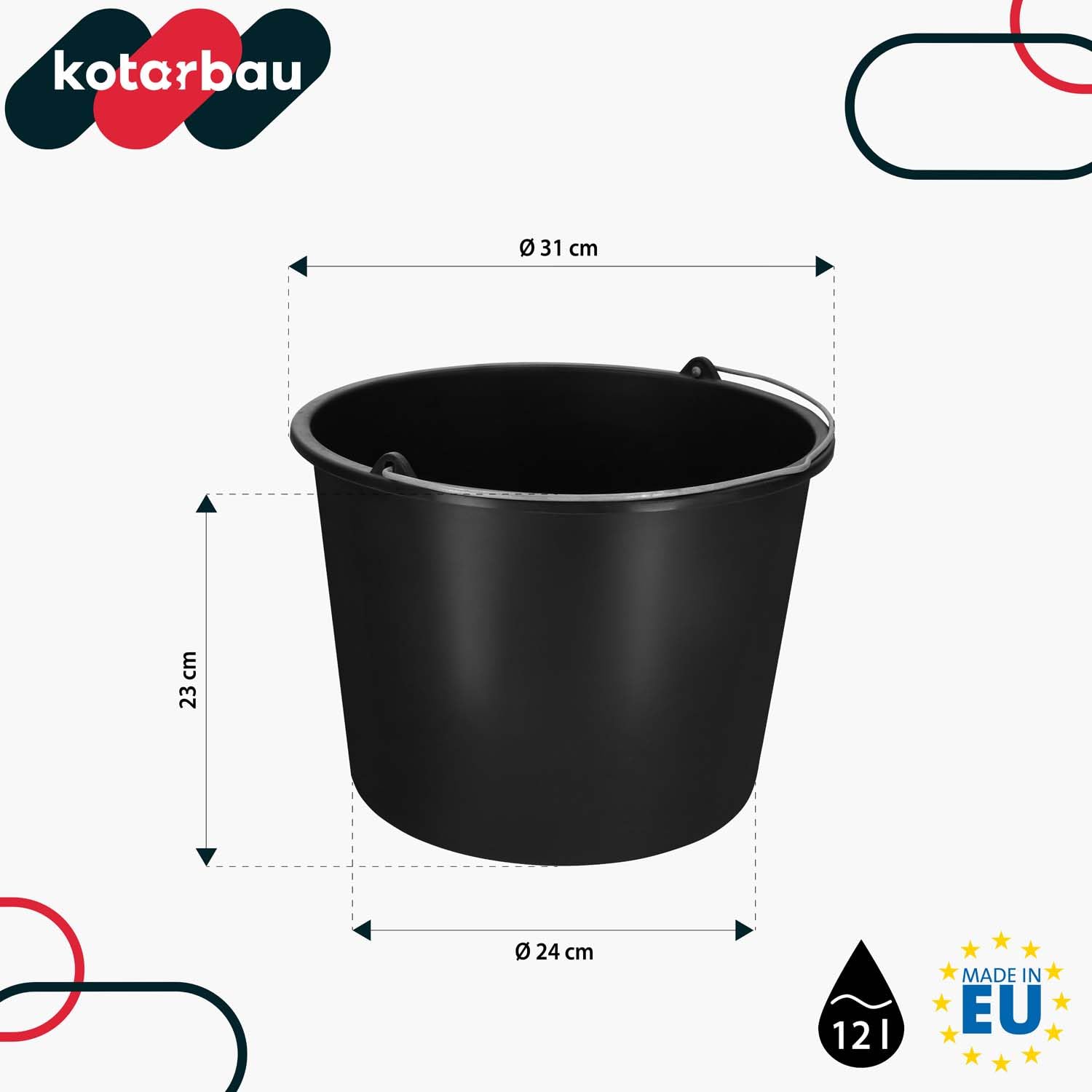 KOTARBAU Set di 20 secchi per l’edilizia, caldarella in plastica da 12 litri, per lavori edilizia, cemento, acqua, per il giardinaggio, colore nero