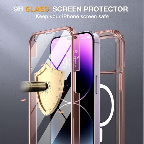 Image of Miracase Magnetic Designed for iPhone 14 Pro Max Case 6.7 inch (Compatible with MagSafe) Upgrade Full-Body Clear Phone Bumper Case with Built-in 9H Tempered Glass Screen Protector, Magnetic Clear Pink