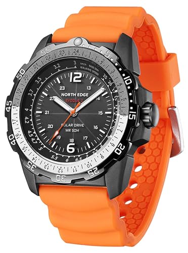 findtime Mens Solar Powered Watch Outdoor Compass Watches for Men Backlight 50M Waterproof Mountaineer Hiking Calculation Speed Silicone Strap Black Orange
