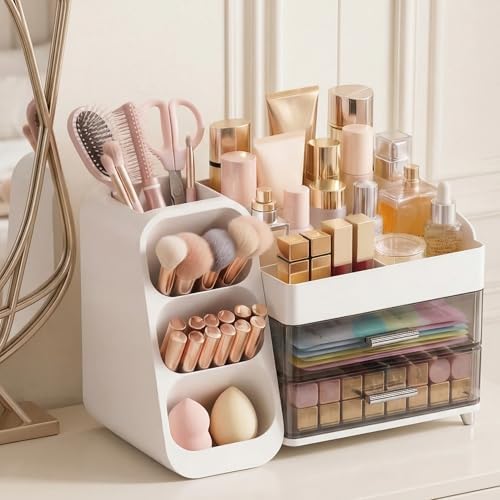 Large Capacity Makeup Organizer Countertop with Makeup Brush Holder for Vanity, Thickened Material, Bathroom Countertop Organizer Skin Care Perfumes Storage, Teen Girl Gifts for 12-23 Year(white) - 5