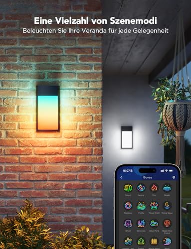 Govee Outdoor Wandleuchte RGBIC, 1500LM Smart LED Wandleuchte Aussen mit 45 Scene Modes, IP65 Wasserdicht für Wandlampe, DIY Wandleuchte, Funktioniert mit Alexa, Google Assistant und Matter, 2 Stück 4