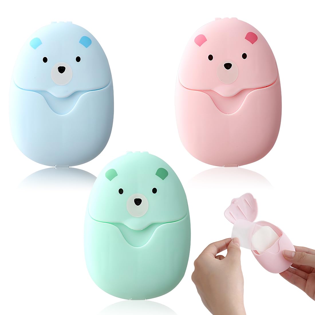 150 Pièces Feuille de Savon de Voyage,Savon Portable,Essentiels pour le Sac à Dos,Jetable,Adapté aux Enfants en Voyage,Bleu + Vert + Rose (Boîtes / 50 Pièces)