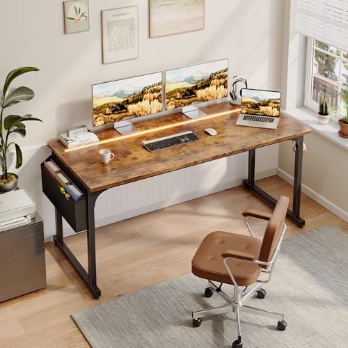 DurayLoly 55" Office Desks with LED Lights,Gaming Writing Work from Home Study Desk with Storage Bag,Home Office Desk with Headphone Hook Sturdy Metal Frame, Rustic Brown