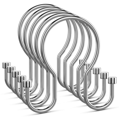 Goowin Shower Curtain Hooks, Black Shower Curtain Rings, Sturdy Simple Double Hook Shower Curtain Hooks Rust Proof, Smooth Gliding Metal Shower Hooks for Shower Curtain Rod (Chrome, 12 Pack)