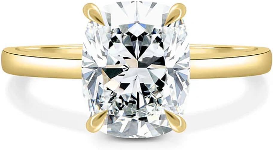 10K 14K 18K Solid Gold Moissanite Engagement Ring for Women, 1-3 Carat Elongated Cushion Cut Moissanite Wedding Ring Solitaire Band Engraved Name Jewelry Gift for Anniversary Valentine's Day