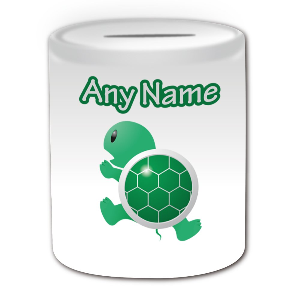 Personalised Gift - Tortoise Money Box (Animal Sealife Design Theme, White) - Any Name/Message on Your Unique - Piggy Bank Saving Jar Pot - Turtle