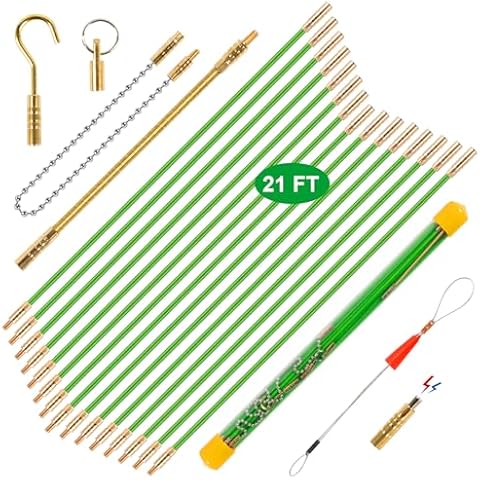 21FT Fiberglass Running Electrical Wire Cable Pulling Fish Tape Kit, Bright Green Glow Rods Fish Tape Rod Pull Push Tool Electrical Fish Tape with 7 Different Attachments in a Carrying Case Cover