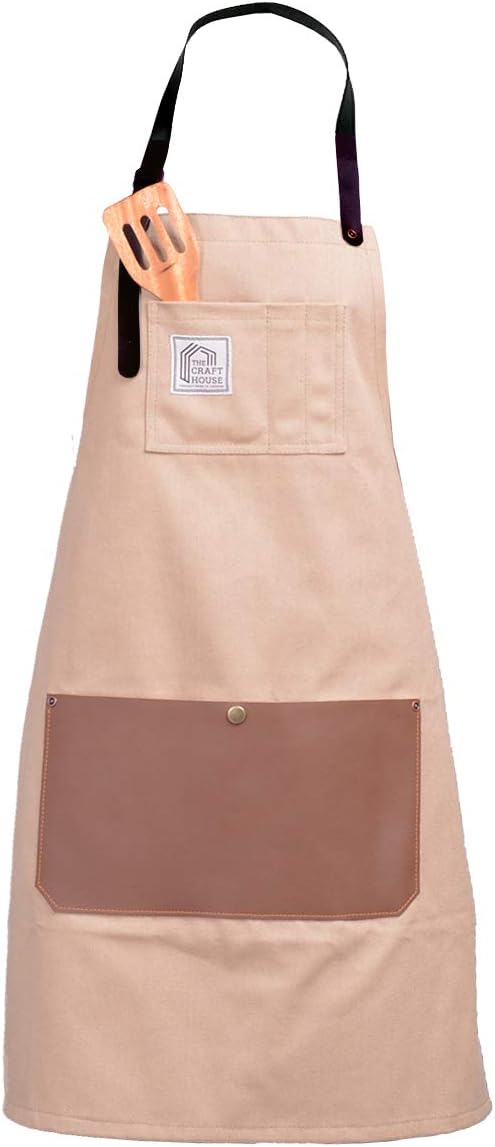 Looxury Aprons for Men and Women with Leather Pocket - Chef Kitchen Canvas Hairstylist Apron - Beige