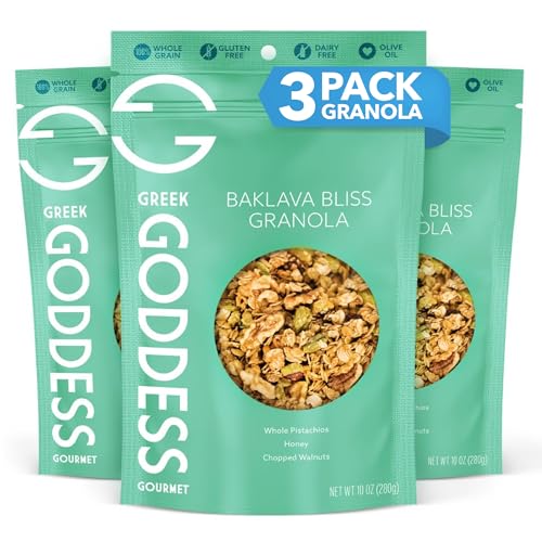 Greek Goddess Gourmet Baklava Bliss Granola with Pistachios, Walnuts, Wildflower Honey, Cinnamon & Clove, 100% Whole Grain Oats & Olive Oil – Healthy, Greek-Inspired, Gluten Free Granola, 10oz (3-Pack)