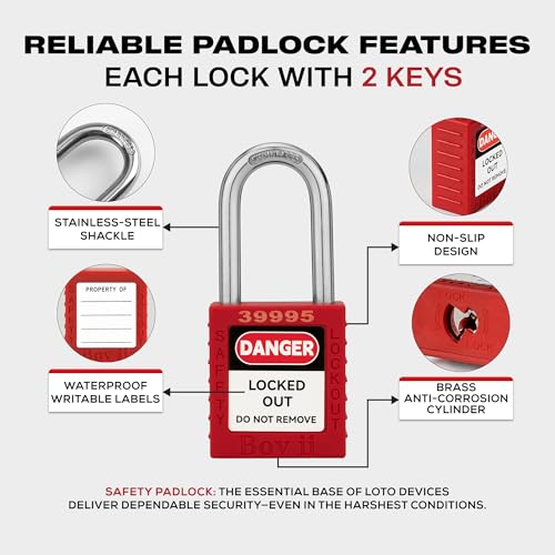 Image of Lockout Tagout Locks, 10 Keyed Different Safety Padlocks, Red | Keyed Different Safety Padlocks with Tags, 2 Keys Per Lock, Built for Industrial LOTO, Maintenance Teams and Safety Programs