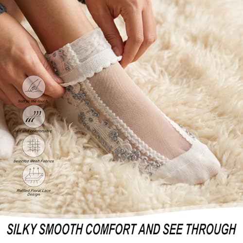 Image of 5 Pack Flower Sheer Socks for Women Ruffle Lace Ankle Socks