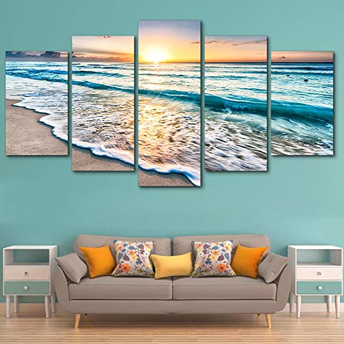 LZLZ 5 Pinturas consecutivas Cuadro de Arte en la Pared Impresión en HD Carteles modulares Cuadros de Lienzo 5 Paneles Olas en la Playa al Atardecer Paisaje Marino Moderno decoración Cover