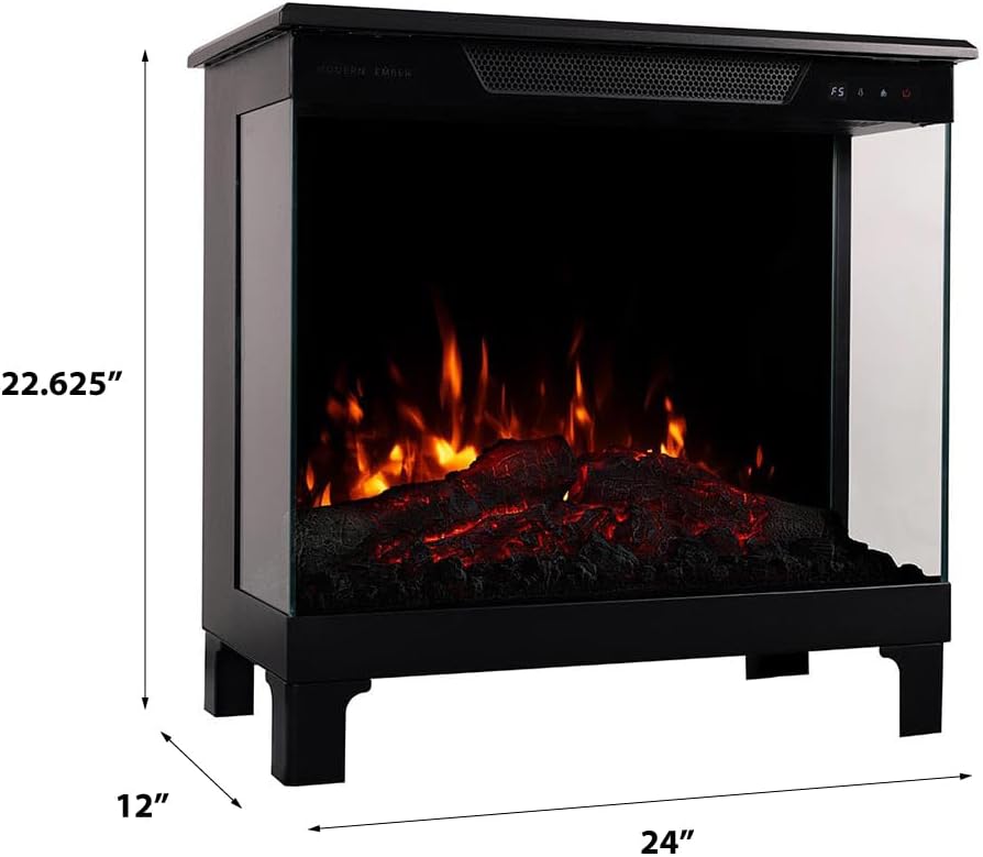 Diagram showing the dimensions of the Modern Ember electric fireplace: 24 inches wide, 12 inches deep, and 22.625 inches high