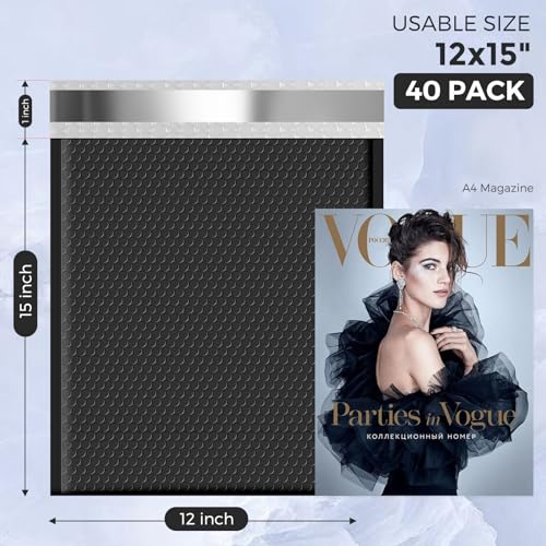 Image of Metronic Large Bubble Mailers 12x15 Inch 40 Pack Padded Envelopes Black | Waterproof Bubble Envelopes Self Seal Opaque Cushioning Mailer Shipping Bags for Clothes, Books, Jewelry, Makeup Supplies