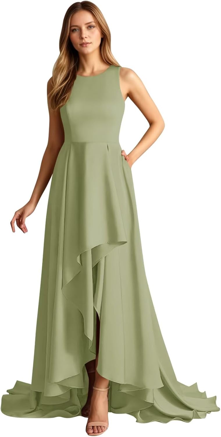 Satin High-Low Sleeveless Mother of The Bride Dresses for Women A Line Formal Wedding Guest Dress