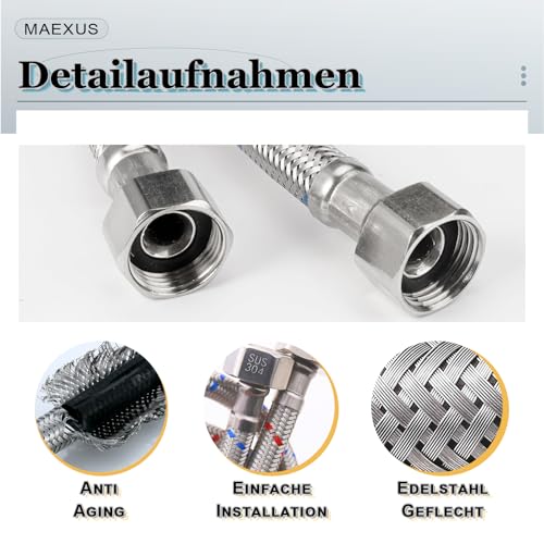 MAEXUS® Wasserhahn Schlauch, 2er Anschlussschlauch Armatur Verlängerung, Flexschlauch Panzerschlauch 1/2 Zoll, Wasserhahn Verlängerung Schlauch für Mischbatterie Wasserhahn Küche