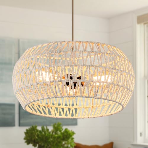 Boho Pendant Light,Dinning Room Light Fixture Rattan Chandelier Cream White Hanging Light Ceiling Mount Hand Woven Lamp Shade Bohemian Drum Chandelier Basket Light for Bedroom Kitchen Island Hallway
