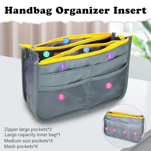 グレーとイエローの収納バッグ AfitLulu ハンドバッグオーガナイザーインサート デュアルファスナー