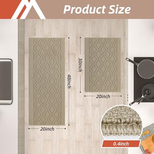 COSY HOMEER 48x20 Inch/30X20 Inch Kitchen Rug Mats Made of 100% Polypropylene 2 Pieces Soft Kitchen Mat Specialized in Anti Slippery and Machine Washable for Home Kitchen,Beige