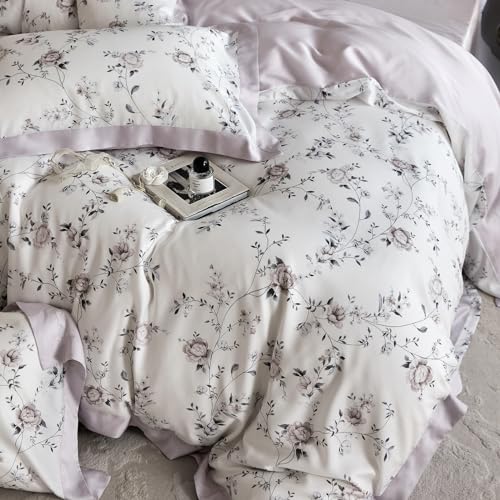 VM VOUGEMARKET Lilac Flower Duvet Cover Queen Silk-Like Smooth & Cool Eucalyptus Lyocell Duvet Cover with 2 Pillow Shams,Moisture Wicking Cooling Bedding Set for Summer-Queen,Purplish Grey