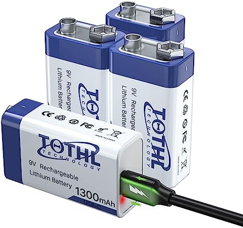 TQTHL 9V Rechargeable Batteries, USB 9Volt 1300mAh Long Lasting Li-ion 9V Battery for Smoke Alarms, Multimeters, Microphones, walkie-Talkie,Toys,Guitar,Keyboard,Metal detectors and More (4 Packs)