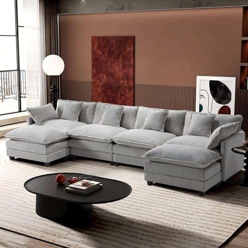 146" U-Shaped Modern Sofa Modular Sectional Cloud Couch with 2 Ottoman, 6-Seat Chenille Deep Seat Sofa with 6 Pillows for Living Room, Bedroom and Apartment, Grey