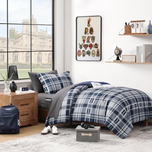 Image of MaiReve Navy Blue Twin XL Comforter Set, Twin XL Bedding Sets for Boys Girls 5 Pieces for Dorm Farmhouse All Season Lightweight &Comfy with Fitted Sheet, Flat Sheet (Navy Blue, Twin XL, 66 inchx90 inch)