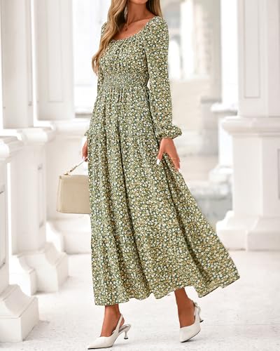 BTFBM Long Sleeve Dress for Women 2026 Spring Fall Boho Floral Square Neck Casual Flowy Long Wedding Guest Maxi Dresses(Floral Army Green, Small) - image 7