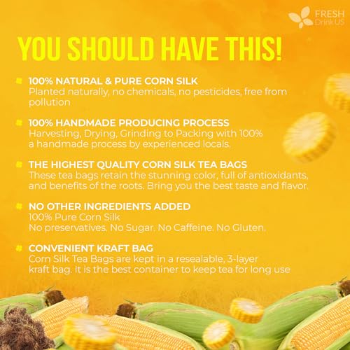 Image of FreshDrinkUS, Premium 40 Tea Bags Corn Silk Tea, 100% Natural & Pure from Corn Silk. Corn Silk Herbal Tea. Clean Ingredients. Made with Natural Material Tea Bags. No Sugar, No Caffeine, Vegan.