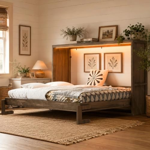 SOFTSEA Queen Size Horizontal Murphy Bed with LED Lights, Space-Saving Hideaway Wall Bed Cabinet for Small Spaces, Home Office, Bedroom, Brown