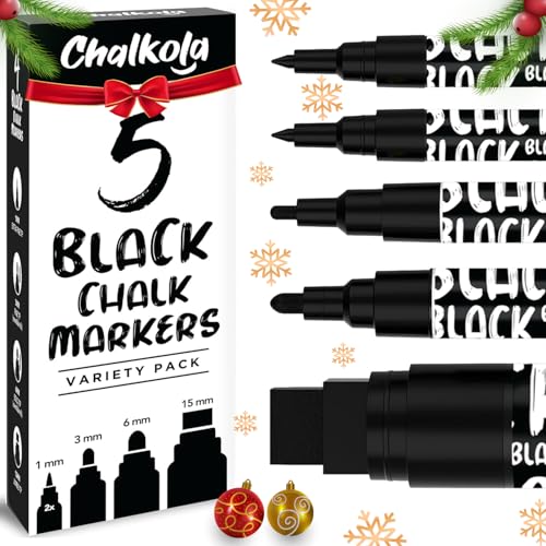 Chalkola 5 Black Liquid Chalk Markers for Blackboard, Chalkboard Signs, Car Windows, Glass - Washable Black Dry Erase Markers | Variety Pack - Fine & Jumbo Size Chalk Pen (1mm, 3mm, 6mm, 15mm)