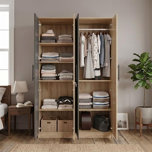Image of FFO Tokyo 4 Door Wooden Wardrobe for Bedroom with Hanging Rod, Shelves & Lock | Modern Clothes Storage Almirah /Cabinet with Black & Milok Wood | Wardrobe Organizer for Clothes, Dresses DIY.