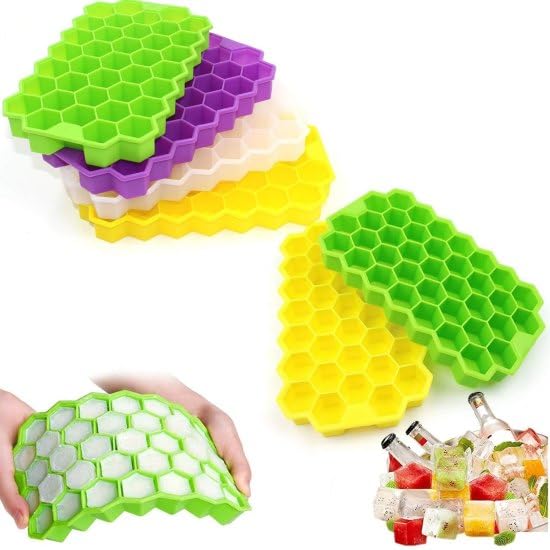 Image of 1'Pack Flexible Silicone Honeycomb 37 Cavity Ice Cube Tray for Freezer Moulds Small Cubes Whiskey Fridge Bar Soft Ice Cube Tray (with Silicone Lid) - Multicolor