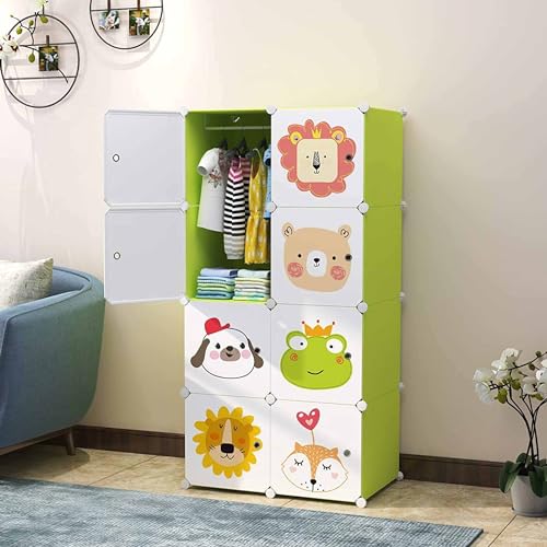 Image of AYSIS Almirah for Clothes,Plastic Soft Sheet Collapsible Wardrobe for Clothes for Kids Clothes /Toy /Book, Baby Cupboard for Clothes Storage in Bedroom Nursery,Cartoon (Green, 8-Shelf-8-Door)