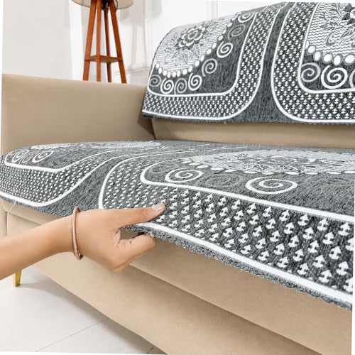 Image of Homerz Premium Chenille Fabric Sofa Cover | Soft, Durable & Dustproof | Decorative Couch Cover (Solitaire Grey, 6 (3+2+1) Seater, Seat Cover with Backrest)