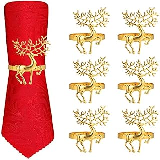 Christmas Napkin Rings- 6 Pcs Christmas Alloy Napkin Ring Holder Household Napkin Buckle for Table Decor, Wedding, Xmas, Party Dinner, Thanksgiving (Reindeer) (Gold)