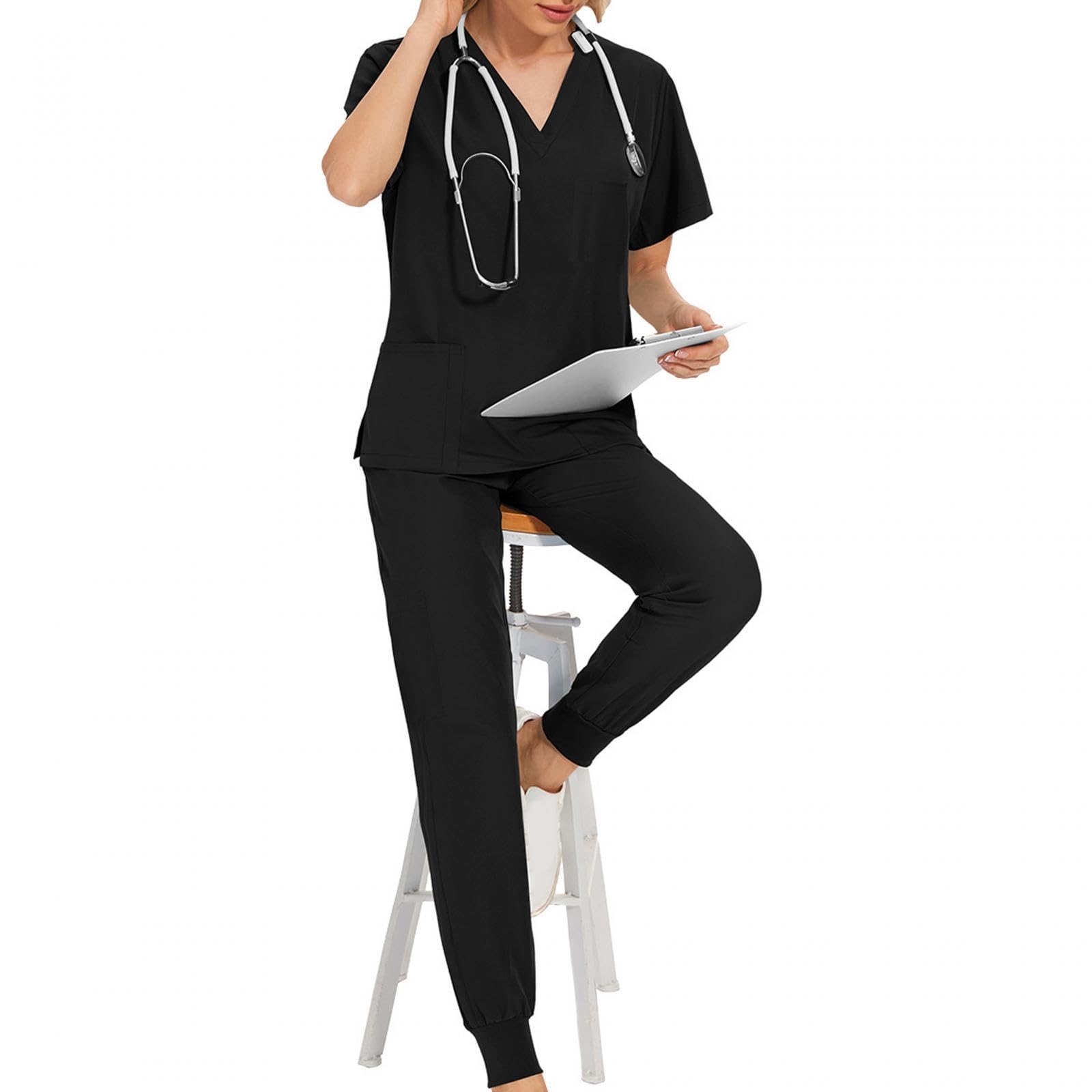 TISHITA Set di 2 Divise Mediche Da Donna Geuniform: Casacca a Maniche Corte, Pantaloni Da Jogging con Elastico in Vita, Pratiche Tasche, Leggere, Ideali per O